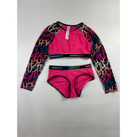 Justice Sport Girl's M Long Sleeve 2 Piece Swim Suit - Picture 1 of 2